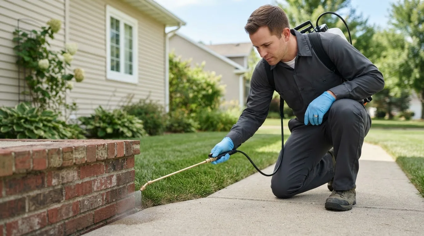 Pest control technician treating a home near Dundee, IA