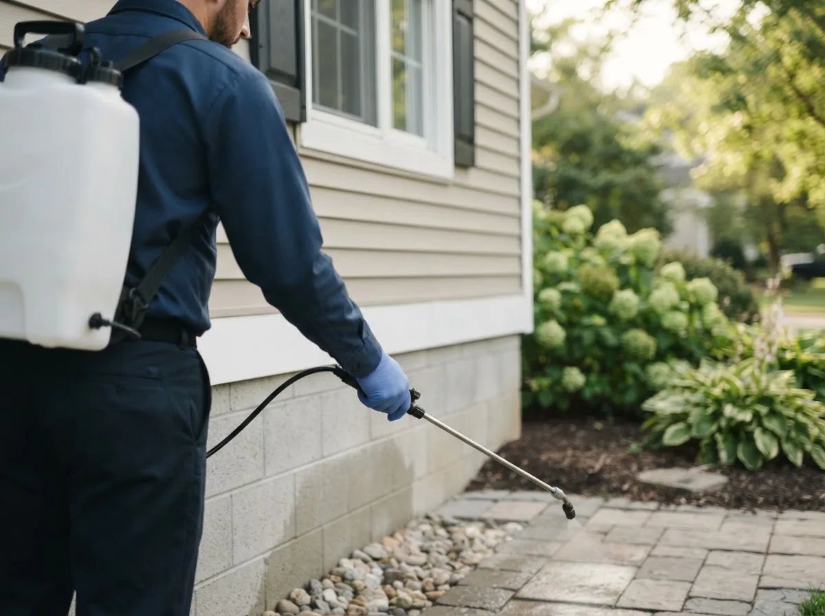 Pest control technician inspecting a home in Dundee, IA